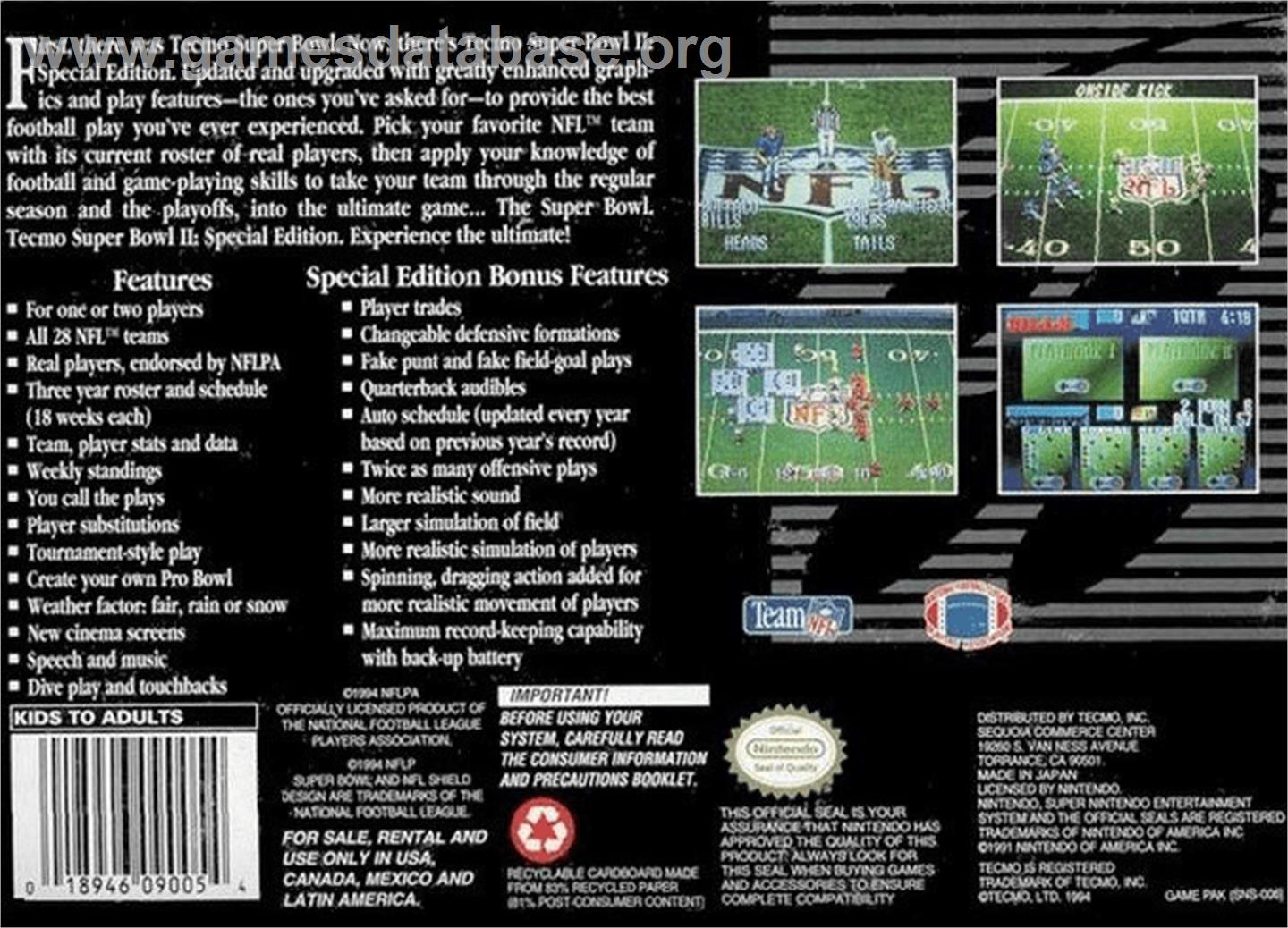 Tecmo Super Bowl II: Special Edition - Nintendo SNES - Artwork - Box Back