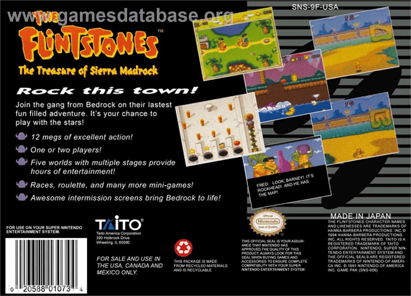 The Flintstones: The Treasure of Sierra Madrock - Nintendo SNES - Artwork - Box Back