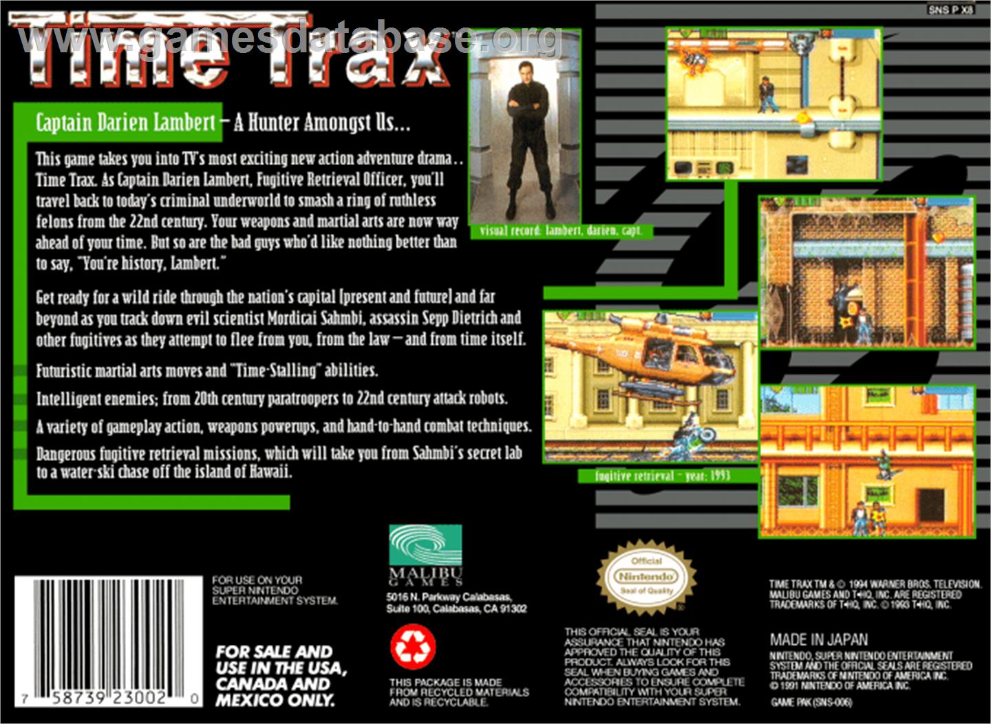 Time Trax - Nintendo SNES - Artwork - Box Back