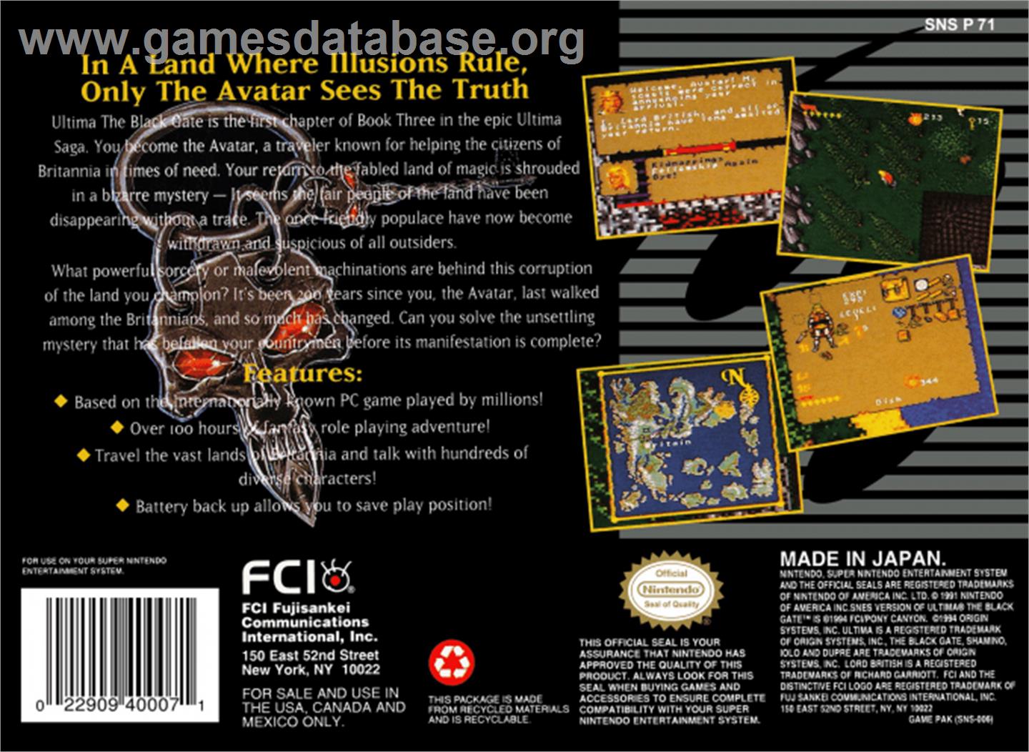 Ultima VII: The Black Gate - Nintendo SNES - Artwork - Box Back