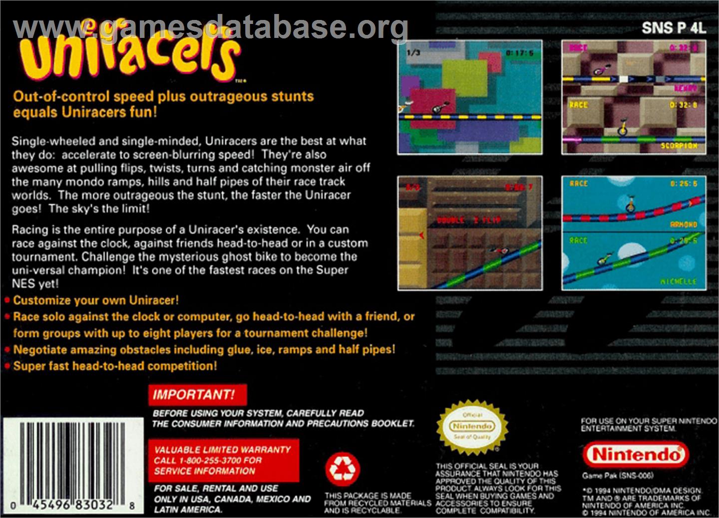Uniracers - Nintendo SNES - Artwork - Box Back