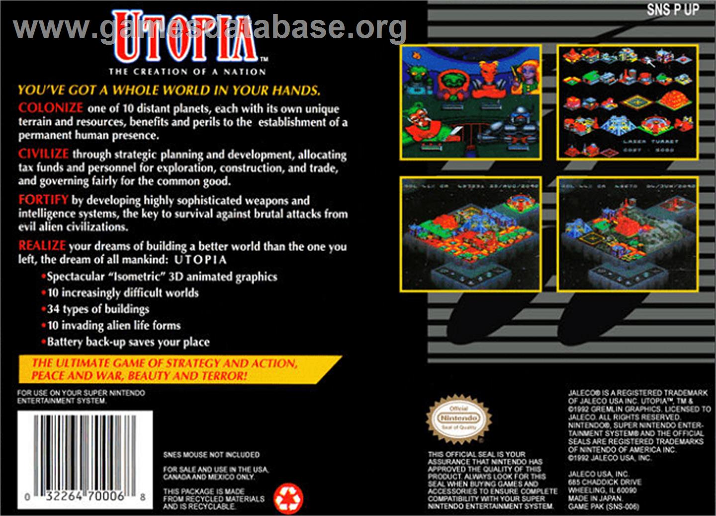 Utopia: The Creation of a Nation - Nintendo SNES - Artwork - Box Back