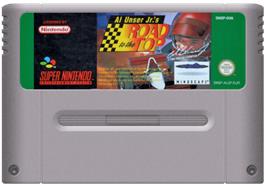 Cartridge artwork for Al Unser Jr.'s Road to the Top on the Nintendo SNES.