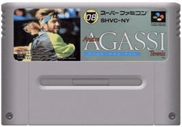 Cartridge artwork for Andre Agassi Tennis on the Nintendo SNES.