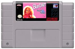 Cartridge artwork for Barbie Super Model on the Nintendo SNES.