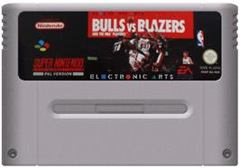 Cartridge artwork for Bulls vs. Blazers and the NBA Playoffs on the Nintendo SNES.
