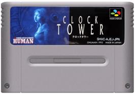 Cartridge artwork for Clock Tower on the Nintendo SNES.