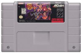 Cartridge artwork for Justice League Task Force on the Nintendo SNES.