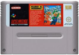 Cartridge artwork for Mario is Missing! on the Nintendo SNES.
