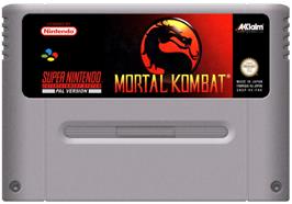 Cartridge artwork for Mortal Kombat on the Nintendo SNES.