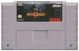 Cartridge artwork for Mortal Kombat II on the Nintendo SNES.