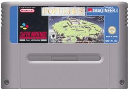 Cartridge artwork for Populous on the Nintendo SNES.
