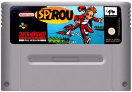 Cartridge artwork for Spirou on the Nintendo SNES.