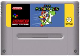 Cartridge artwork for Super Mario World on the Nintendo SNES.