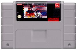 Cartridge artwork for Super Slap Shot on the Nintendo SNES.