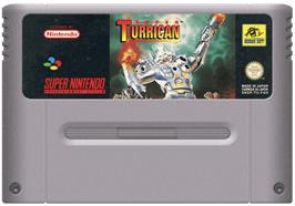 Cartridge artwork for Super Turrican on the Nintendo SNES.