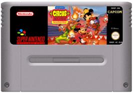 Cartridge artwork for The Great Circus Mystery starring Mickey and Minnie Mouse on the Nintendo SNES.