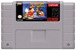 Cartridge artwork for The Magical Quest Starring Mickey Mouse on the Nintendo SNES.