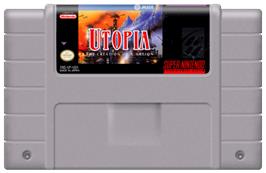 Cartridge artwork for Utopia: The Creation of a Nation on the Nintendo SNES.