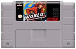 Cartridge artwork for Where in the World is Carmen Sandiego? on the Nintendo SNES.