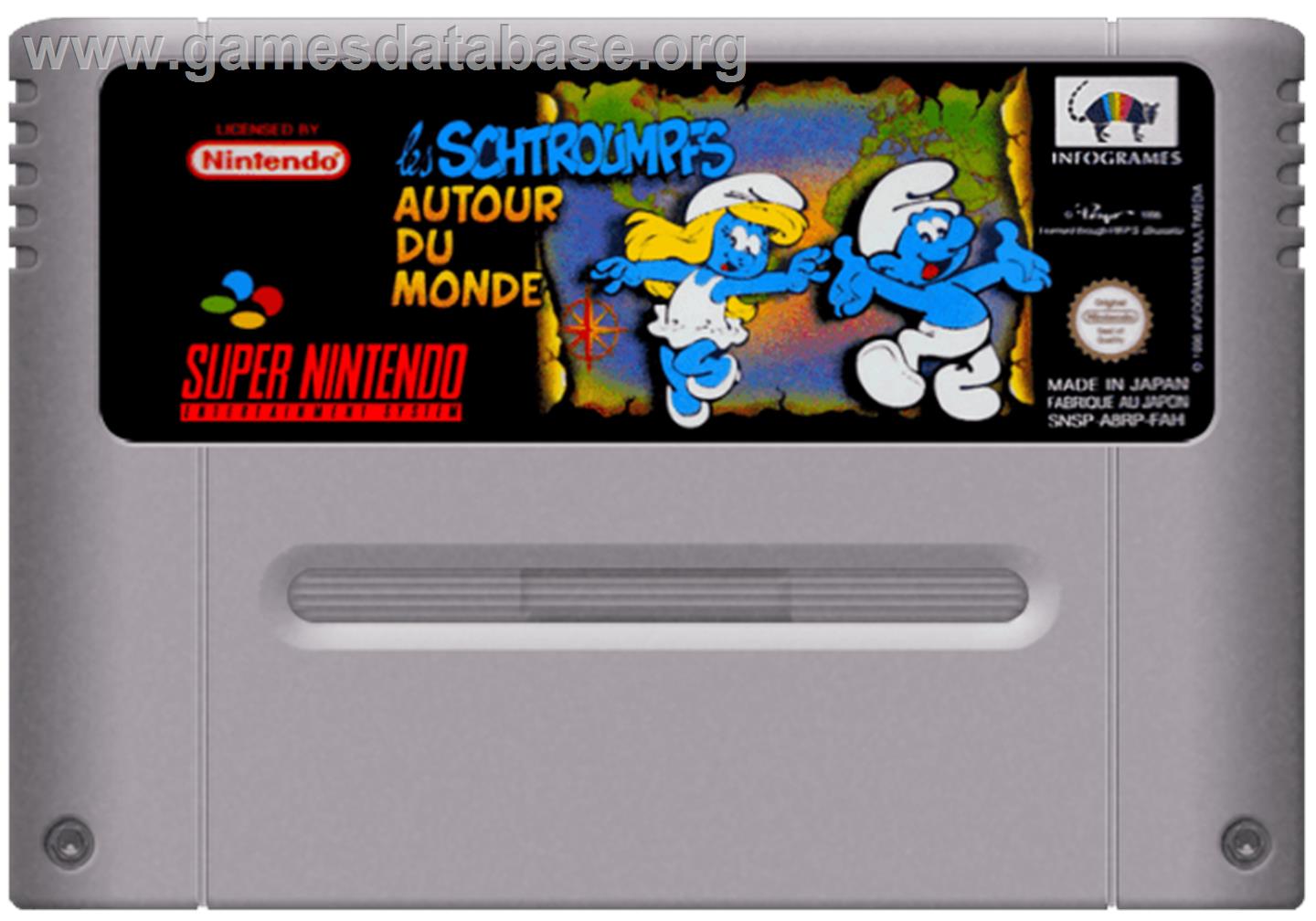The Smurfs Travel the World - Nintendo SNES - Artwork - Cartridge