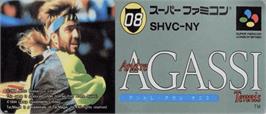 Top of cartridge artwork for Andre Agassi Tennis on the Nintendo SNES.