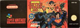 Top of cartridge artwork for Justice League Task Force on the Nintendo SNES.