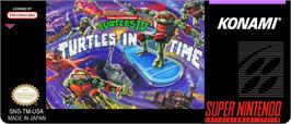 Top of cartridge artwork for Teenage Mutant Ninja Turtles IV: Turtles in Time on the Nintendo SNES.