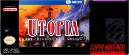 Top of cartridge artwork for Utopia: The Creation of a Nation on the Nintendo SNES.