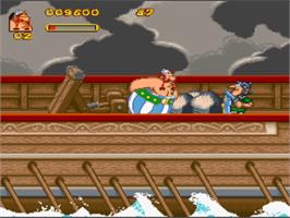In game image of Asterix and Obelix on the Nintendo SNES.