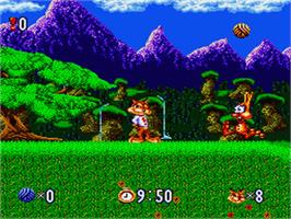 In game image of Bubsy in: Claws Encounters of the Furred Kind on the Nintendo SNES.