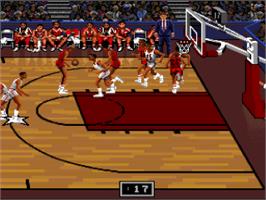 In game image of Bulls vs. Blazers and the NBA Playoffs on the Nintendo SNES.