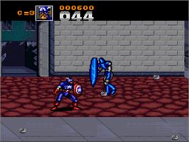 In game image of Captain America and the Avengers on the Nintendo SNES.