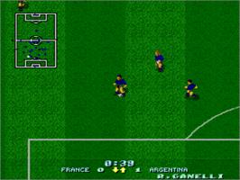 In game image of Dino Dini's Soccer on the Nintendo SNES.