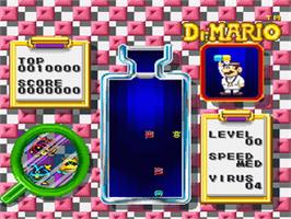 In game image of Dr. Mario on the Nintendo SNES.
