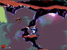 In game image of Earthworm Jim on the Nintendo SNES.
