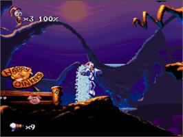 In game image of Earthworm Jim 2 on the Nintendo SNES.