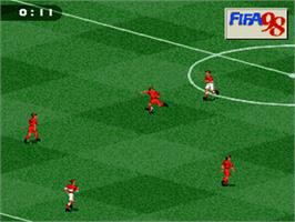 In game image of FIFA 98: Road to World Cup on the Nintendo SNES.