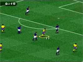 In game image of FIFA Soccer '96 on the Nintendo SNES.