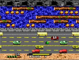 In game image of Frogger on the Nintendo SNES.