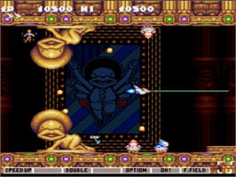 In game image of Jikkyou Oshaberi Parodius on the Nintendo SNES.