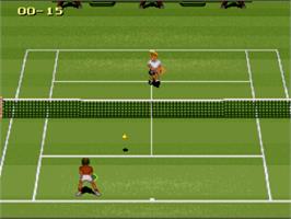 In game image of Jimmy Connors Pro Tennis Tour on the Nintendo SNES.