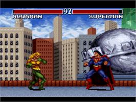 In game image of Justice League Task Force on the Nintendo SNES.