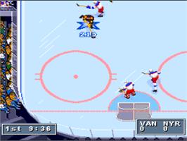 In game image of NHL Hockey '95 on the Nintendo SNES.