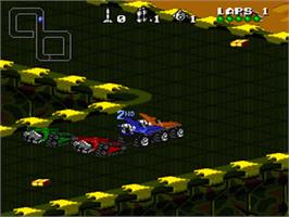 In game image of Rock 'n Roll Racing on the Nintendo SNES.