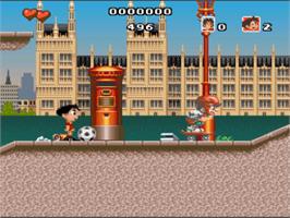 In game image of Soccer Kid on the Nintendo SNES.