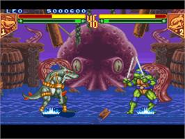 In game image of Teenage Mutant Ninja Turtles: Tournament Fighters on the Nintendo SNES.