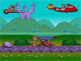 In game image of The Ren & Stimpy Show: Buckaroo$! on the Nintendo SNES.
