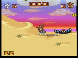 In game image of Zero the Kamikaze Squirrel on the Nintendo SNES.