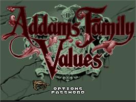 Title screen of Addams Family Values on the Nintendo SNES.
